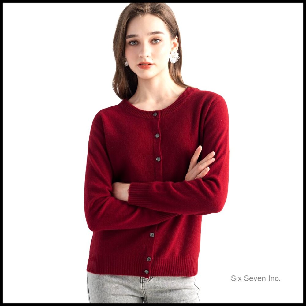 100% Pure Cashmere Cardigan Crew Neck Long Sleeve Soft Knit Sweater